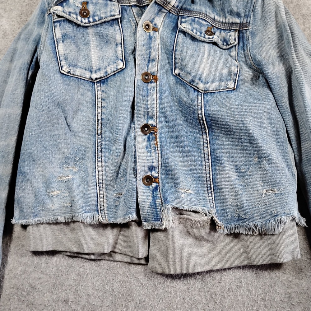Free People Womens Distressed Denim Jacket Gray Hooded Layered Blue XS - Picture 4 of 11